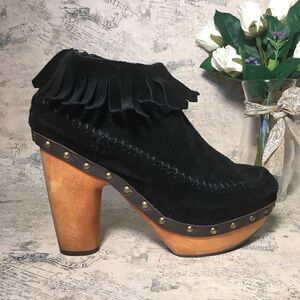 Flogg Davina Black Suede Platform Ankle Boots Wooden Heel Moccasin Booties Size